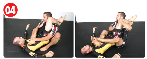 Quickly, he fights to also bring his left leg over, which he then crosses over his opponent’s torso. As soon as he has both legs crossed, he postures back using his entire body to break the triangle using his hands as well.